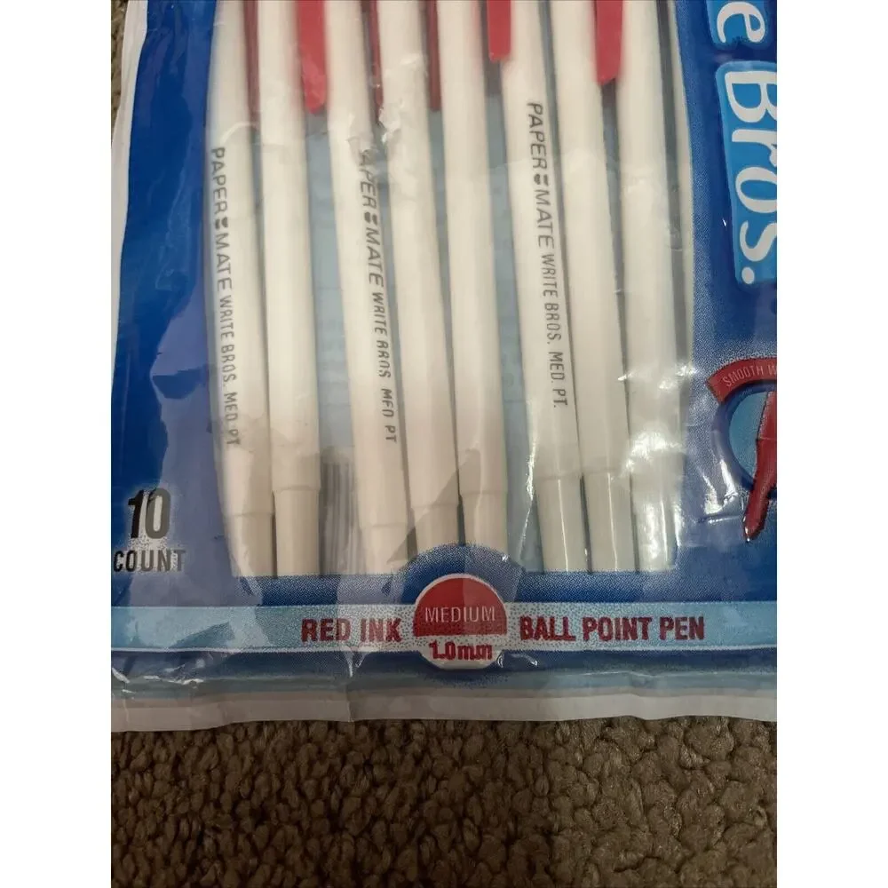 NIP 2002 VTG 10PK Paper Mate Pens RED Write Bros Medium Point White Barrel Red